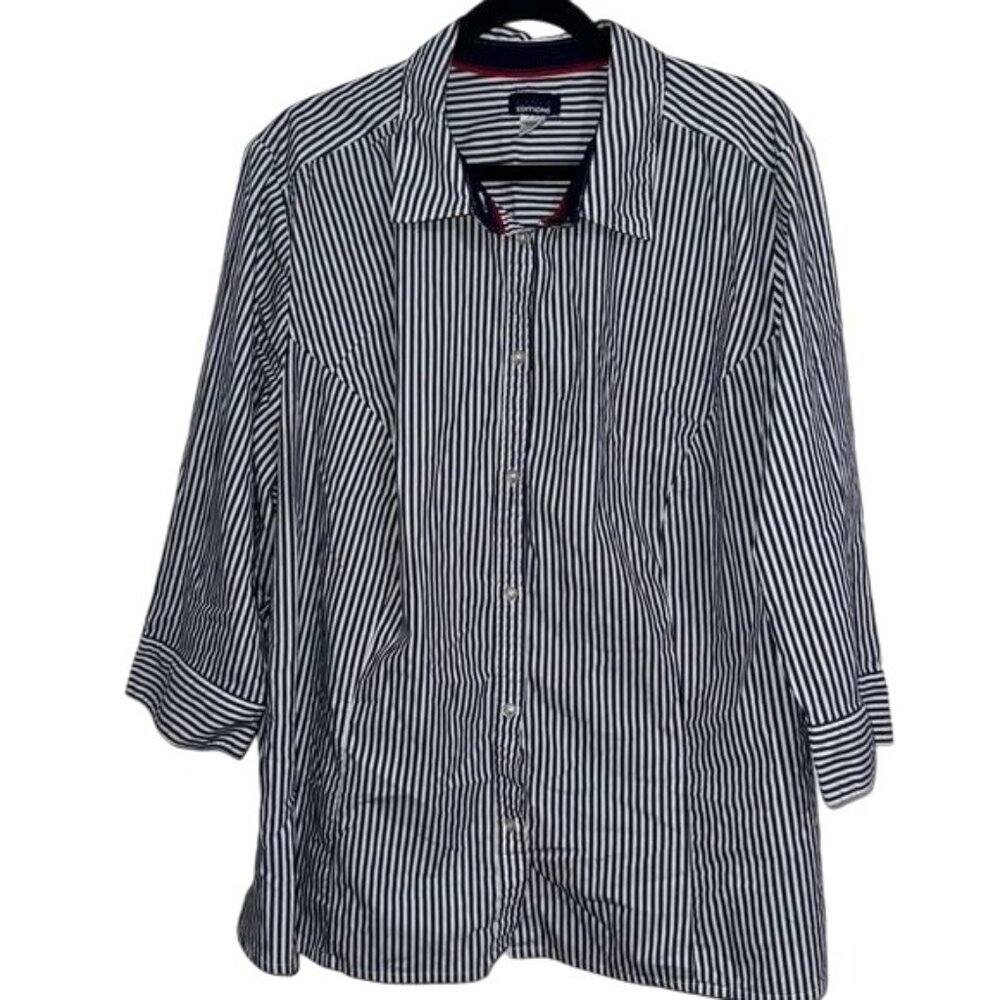 Basic Editions Womens 3X Black & White Striped Button-Down Shirt
